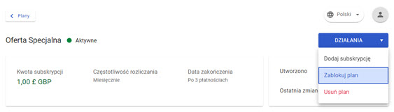 widok działań w liście planów z podświetloną opcją "Zablokuj plan" w panelu akceptanta Elavon