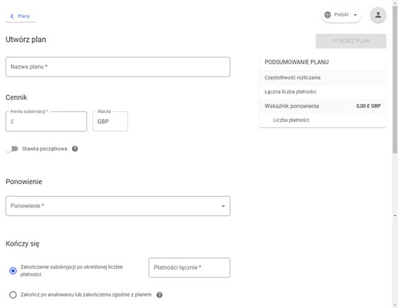 widok tworzenia nowego planu cyklicznego w panelu akceptanta Elavon