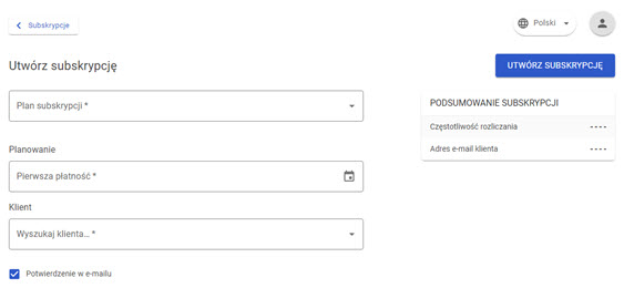 widok tworzenia nowej subskrypcji w panelu akceptanta Elavon