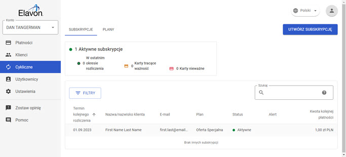 menu "cykliczne" z listą aktywnych subskrypcji w panelu akceptanta Elavon