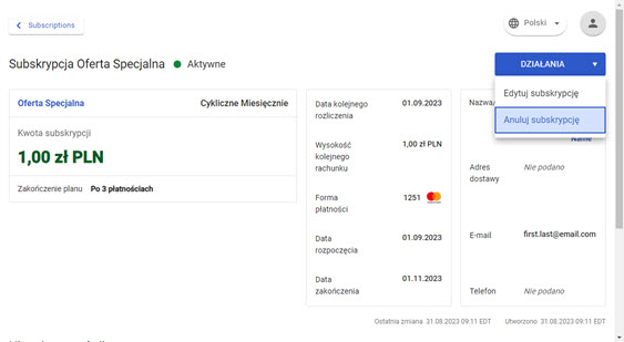 widok ustawień subskrypcji z podświetloną opcją "anuluj subskrypcję" w oknie działań w menu "cykliczne" w panelu akceptanta Elavon