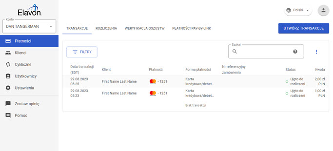 Menu Płatności w panelu akceptanta Elavon