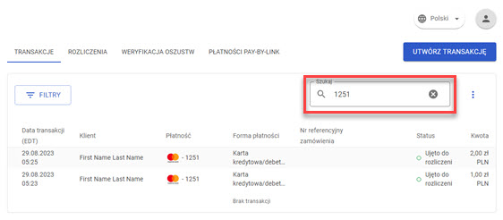 funkcja wyszukiwania transakcji w panelu akceptanta Elavon