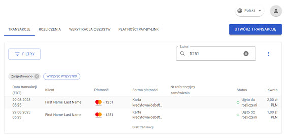 lista wyszukanych transakcji w panelu akceptanta Elavon