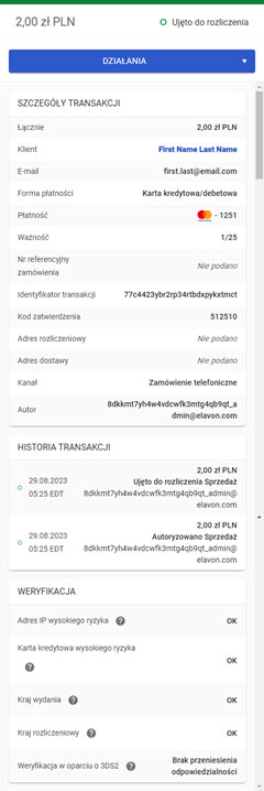 szczegóły transakcji w panelu akceptanta Elavon