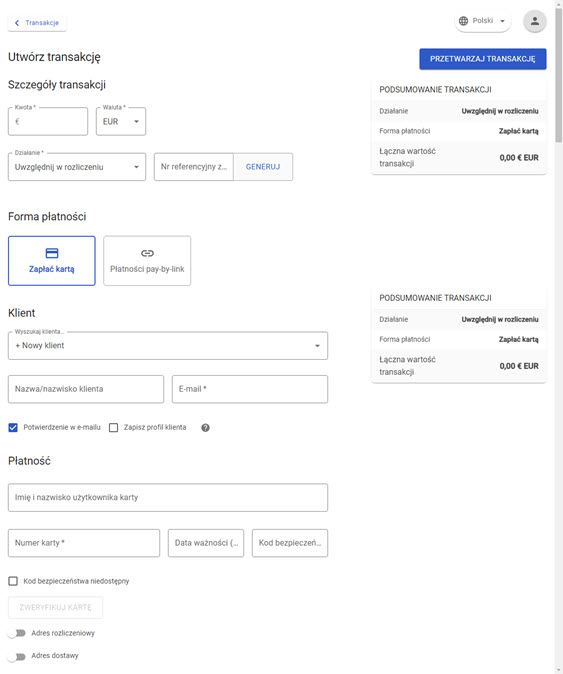 menu utworzenia transakcji przez wirtualny terminal MOTO w panelu akceptanta Elavon