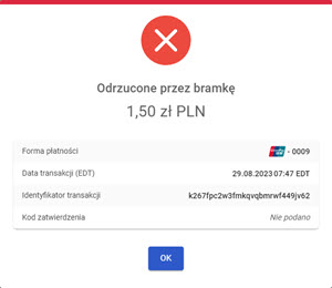 komunikat o odrzuceniu transakcji przez bramkę w menu wirtualnego terminalu MOTO w panelu akceptanta Elavon