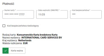 potwierdzenie ważności karty w menu wirtualnego terminala MOTO w panelu akceptanta Elavon