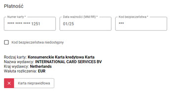 powiadomienie o nieprawidłowości karty w oknie weryfikacji karty w menu terminala wirtualnego MOTO w panelu akceptanta Elavon