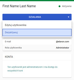 widok działań w liście użytkowników z podświetloną opcją "Dezaktywuj" w panelu akceptanta Elavon