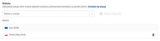 okno dodania waluty w ustawieniach płatności w panelu akceptanta Elavon