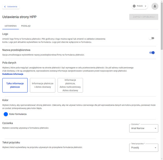 menu dostosowywania Hostowanej Strony Płatności w panelu akceptanta Elavon