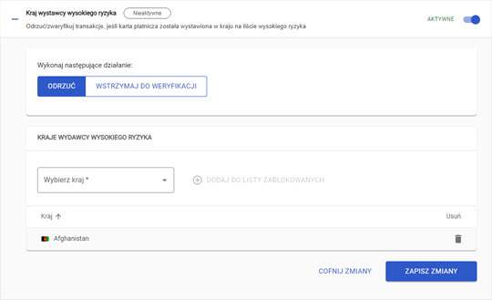 menu "kraj wystawcy wysokiego ryzyka" w panelu akceptanta Elavon