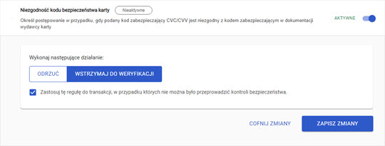 ustawienia niezgodności kodu zabezpieczającego karty w panelu akceptanta Elavon