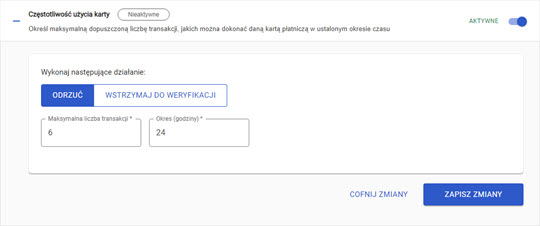 ustawienia częstotliwości użycia karty w panelu akceptanta Elavon