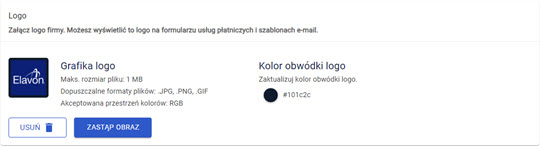 widok ustawień konta z dodanym logo w panelu akceptanta Elavon