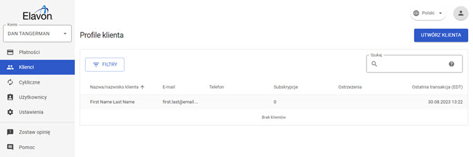 menu "klienci" w panelu akceptanta Elavon