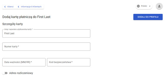 ustawienia szczegółów karty w oknie edycji danych klienta w panelu akceptanta Elavon