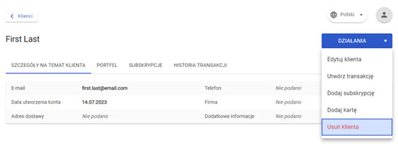widok profilu klienta z podświetlną opcją działania "usuń klienta" w panelu akceptanta Elavon
