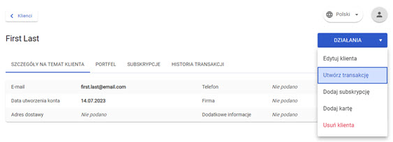 widok profilu klienta z podświetlną opcją działania "utwórz transakcję" w panelu akceptanta Elavon