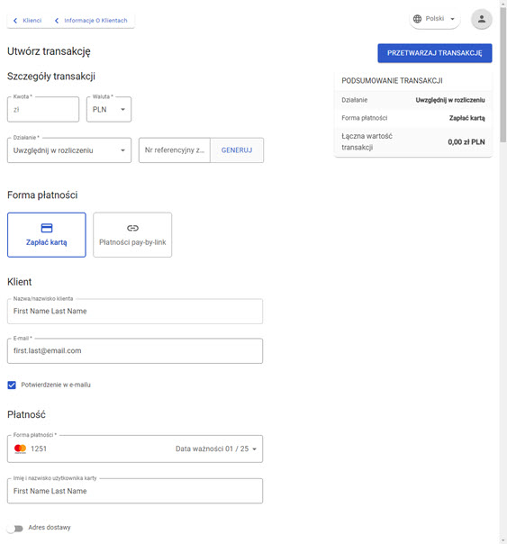 widok tworzenia nowej transakcji w menu "klienci" w panelu akceptanta Elavon